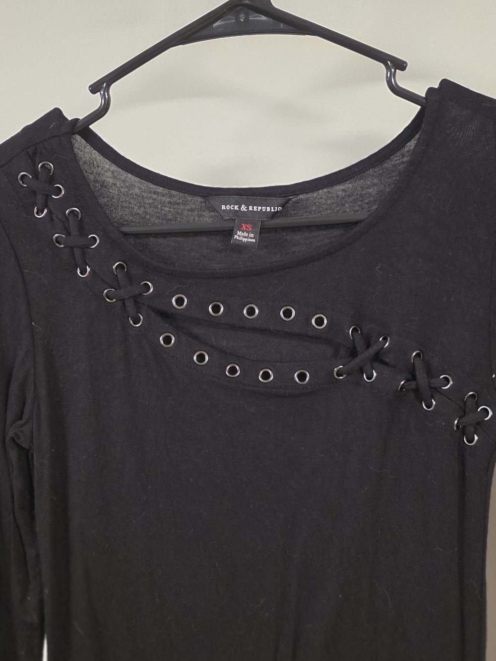 Rock & Republic Black Long Sleeve Lace-Up Eyelet Top